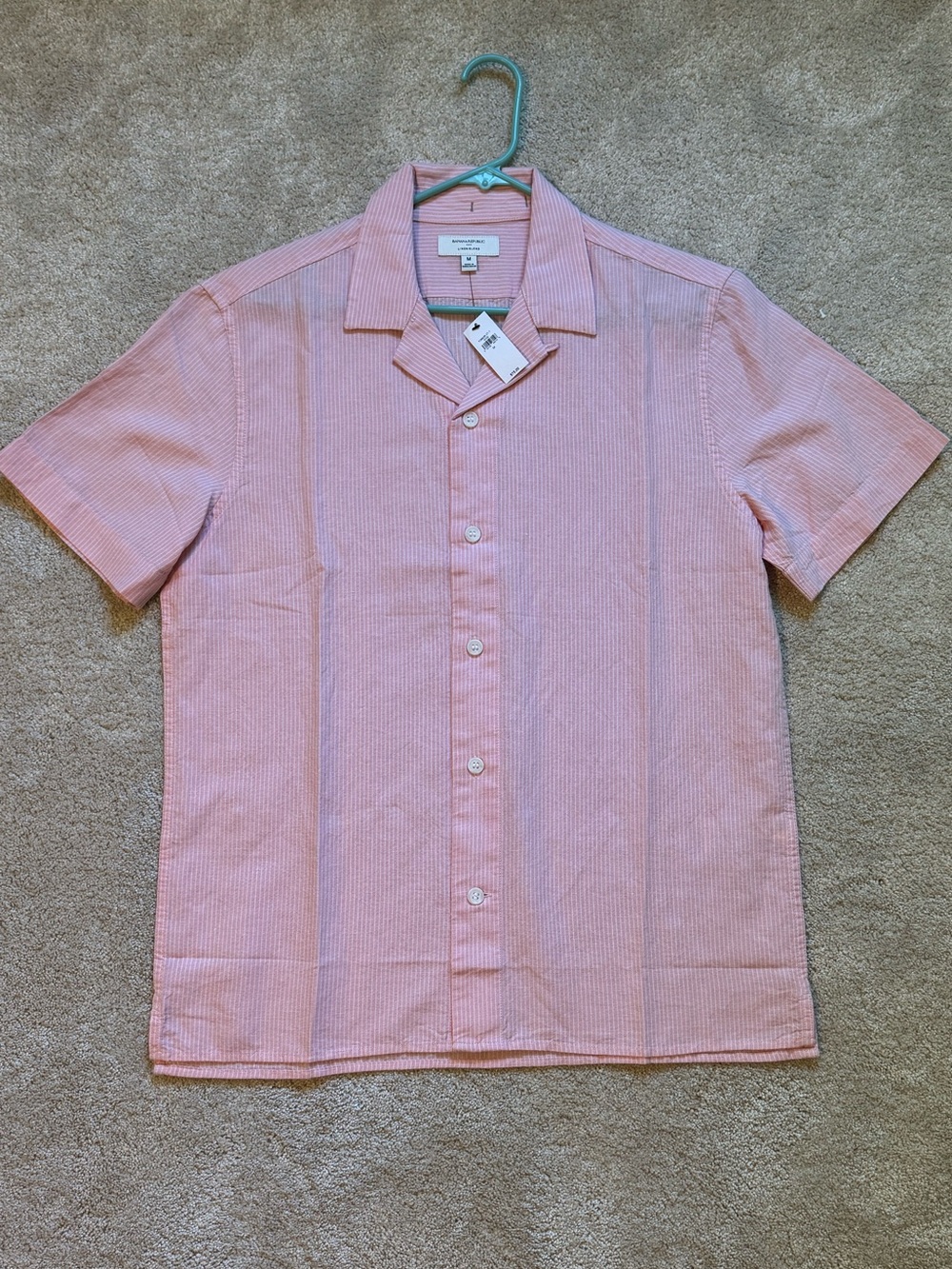 Men's Pink Striped Linen Blend Short-Sleeve Button-Up Shirt